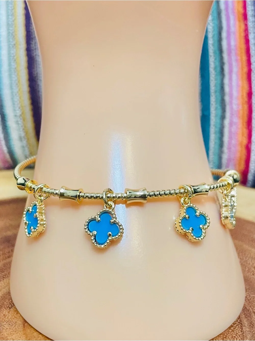 Blue Gold Filled Clovers Adjustable Cuff Bracelet Adjustable Ring 2 Pc Set NWOT
